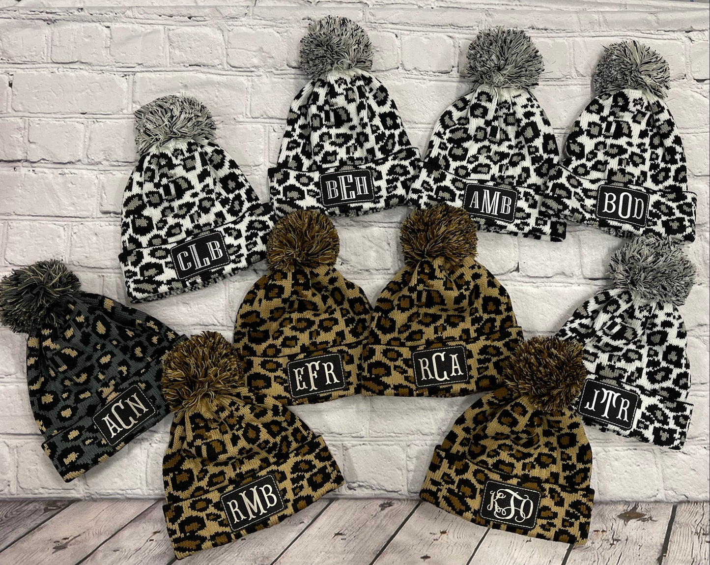 Youth Personalized Plush Knitted Leopard Print  Beanie Caps Pom Pom, with Engraved Leather Patch