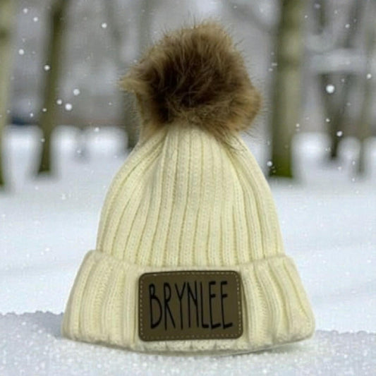 Toddler Size Pom Pom Knitted Beanie with Engraved Leather patch