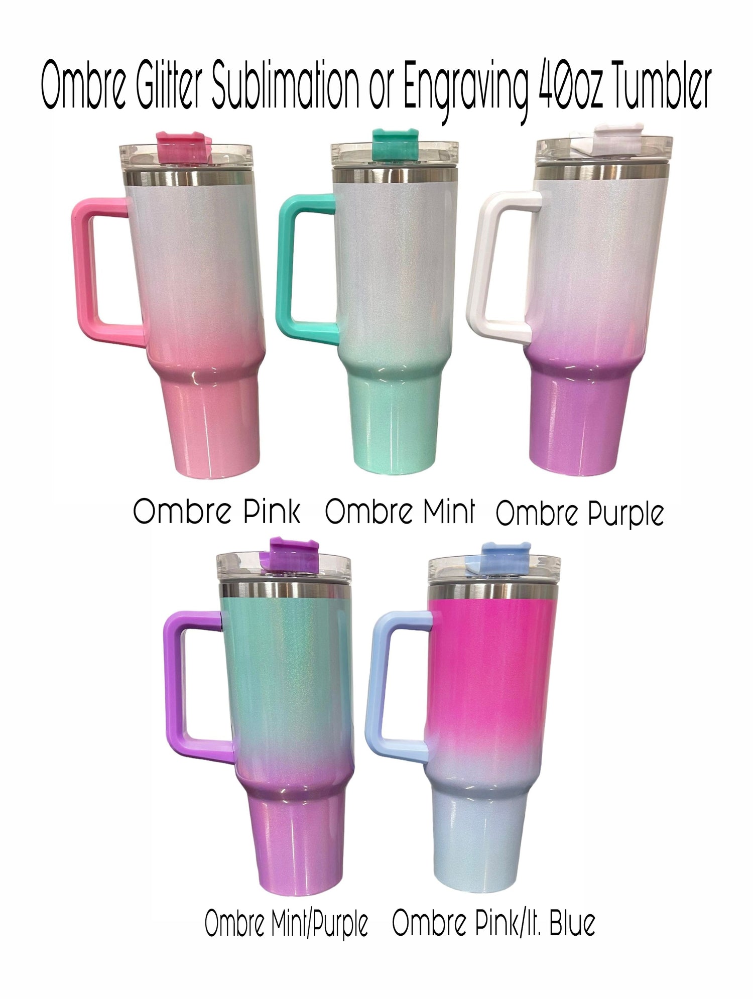 40oz Stainless Steel Glitter Sublimation Tumblers with a Handle, Quencher  Ombre Glitter Tumblers