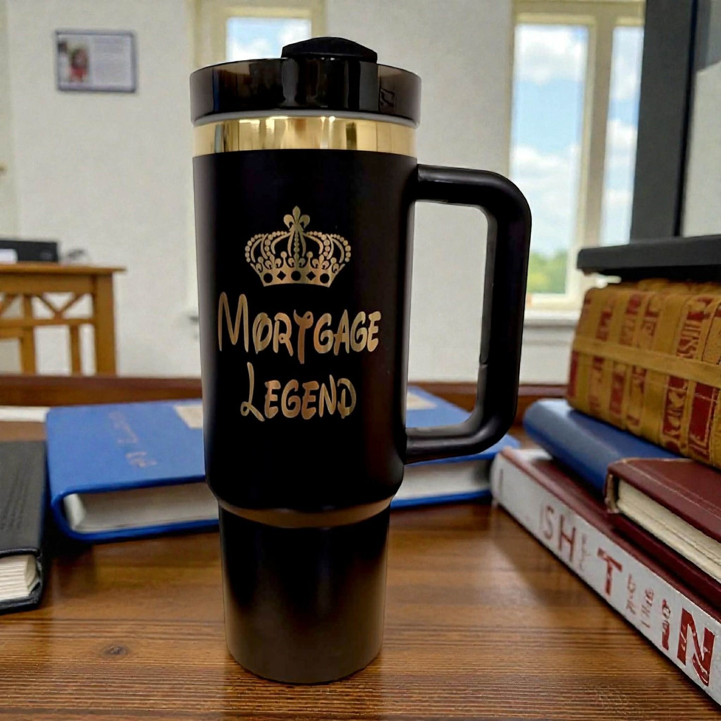 30oz Personalized Laser Engraved Stainless Steel Tumbler with Handle Rainbow Prism or Gold Plating
