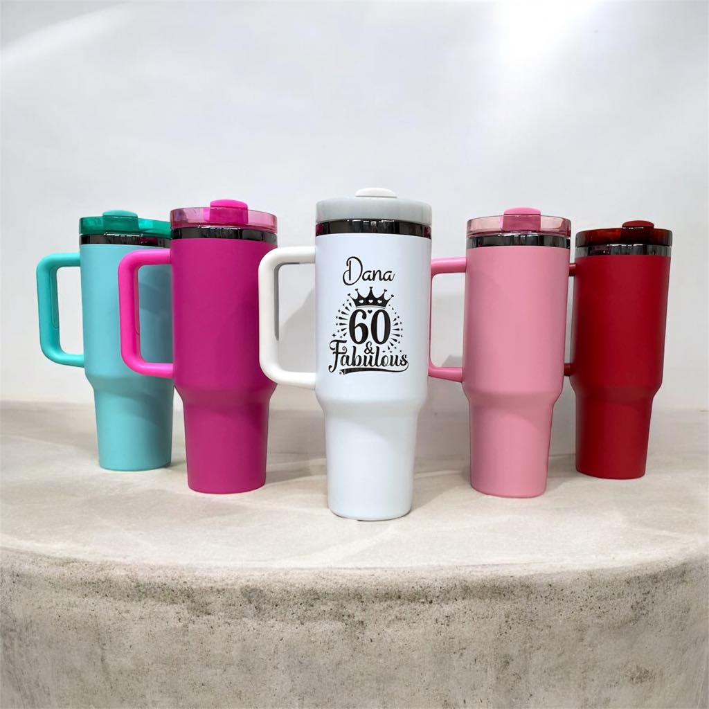 Personalized, Laser Engraved 40oz Stainless Steel Tumbler with Handle, New Color Plating Rainbow, Copper, Gold