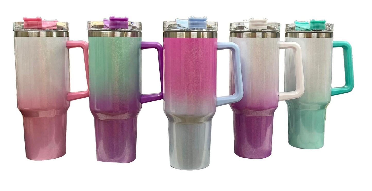 40oz Stainless Steel Glitter Sublimation Tumblers with a Handle, Quencher Ombre Glitter Tumblers