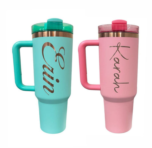 Personalized, Laser Engraved 40oz Stainless Steel Tumbler with Handle, New Color Plating Rainbow, Copper, Gold