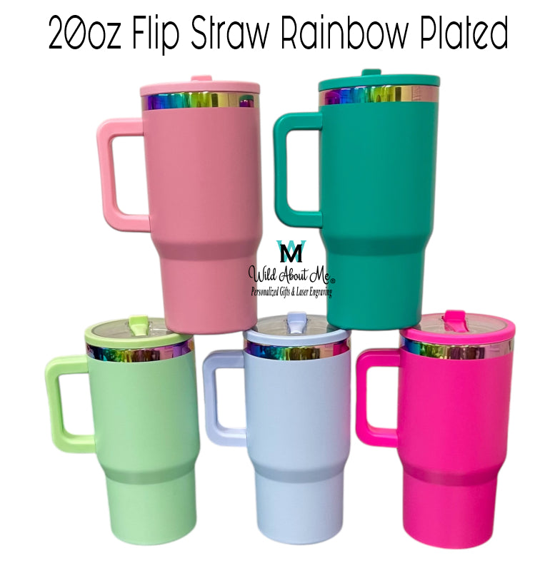 20oz Personalized Laser Engraved Rainbow Plated Stainless Steel Cup with Flip Straw and Handle