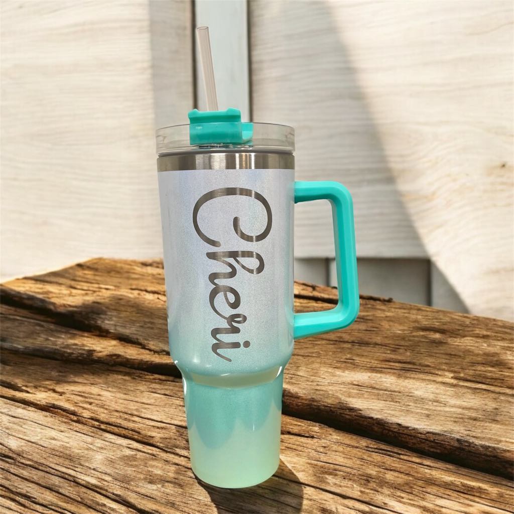 40oz Stainless Steel Glitter Sublimation or Laser Engraved Tumblers with Handle