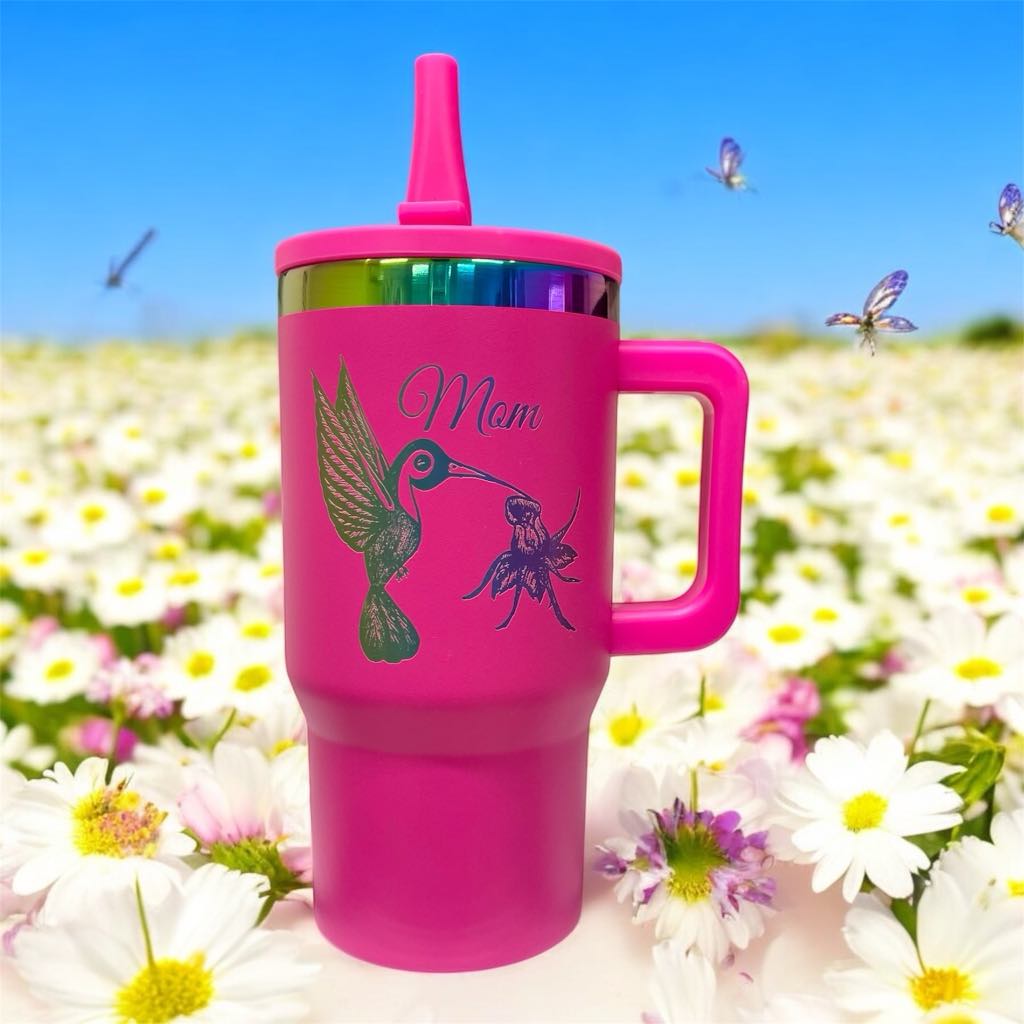 20oz Personalized Laser Engraved Rainbow Plated Stainless Steel Cup with Flip Straw and Handle