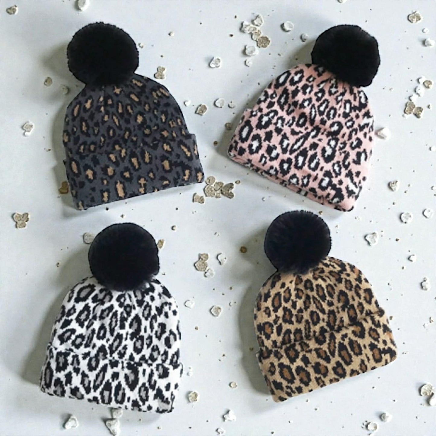 Youth Personalized Plush Knitted Leopard Print  Beanie Caps Pom Pom, with Engraved Leather Patch