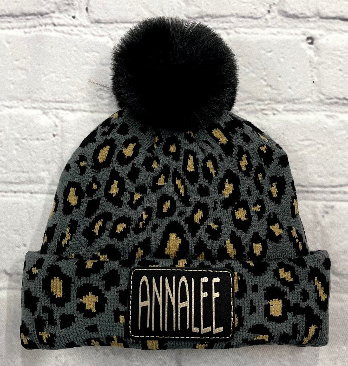 Youth Personalized Plush Knitted Leopard Print  Beanie Caps Pom Pom, with Engraved Leather Patch