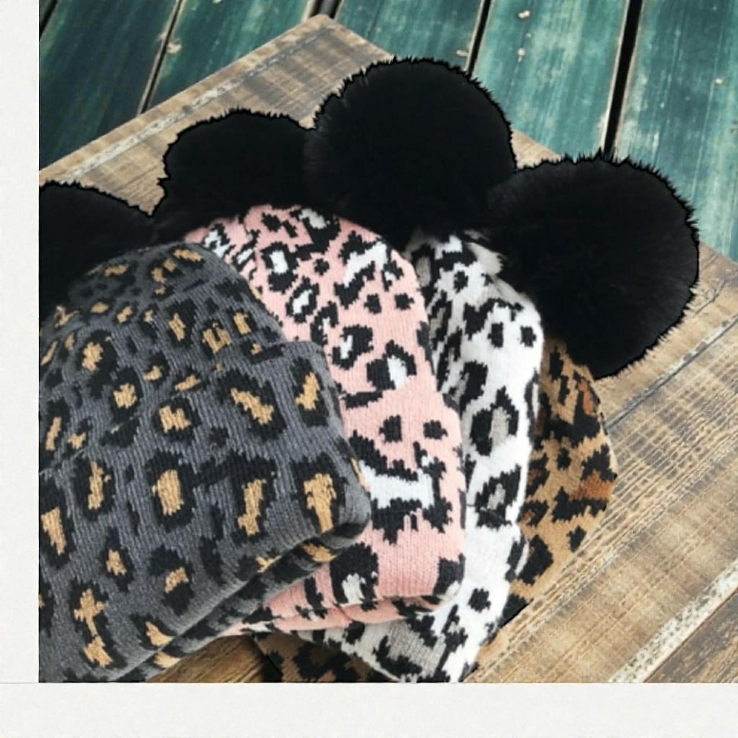 Youth Personalized Plush Knitted Leopard Print  Beanie Caps Pom Pom, with Engraved Leather Patch