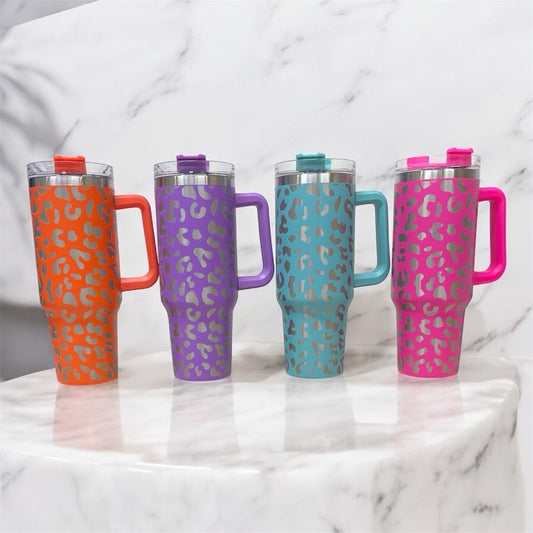 40oz Stainless Steel Laser Engraved Full Wrap Leopard Engraved Stanley Dupe Tumbler with Handle