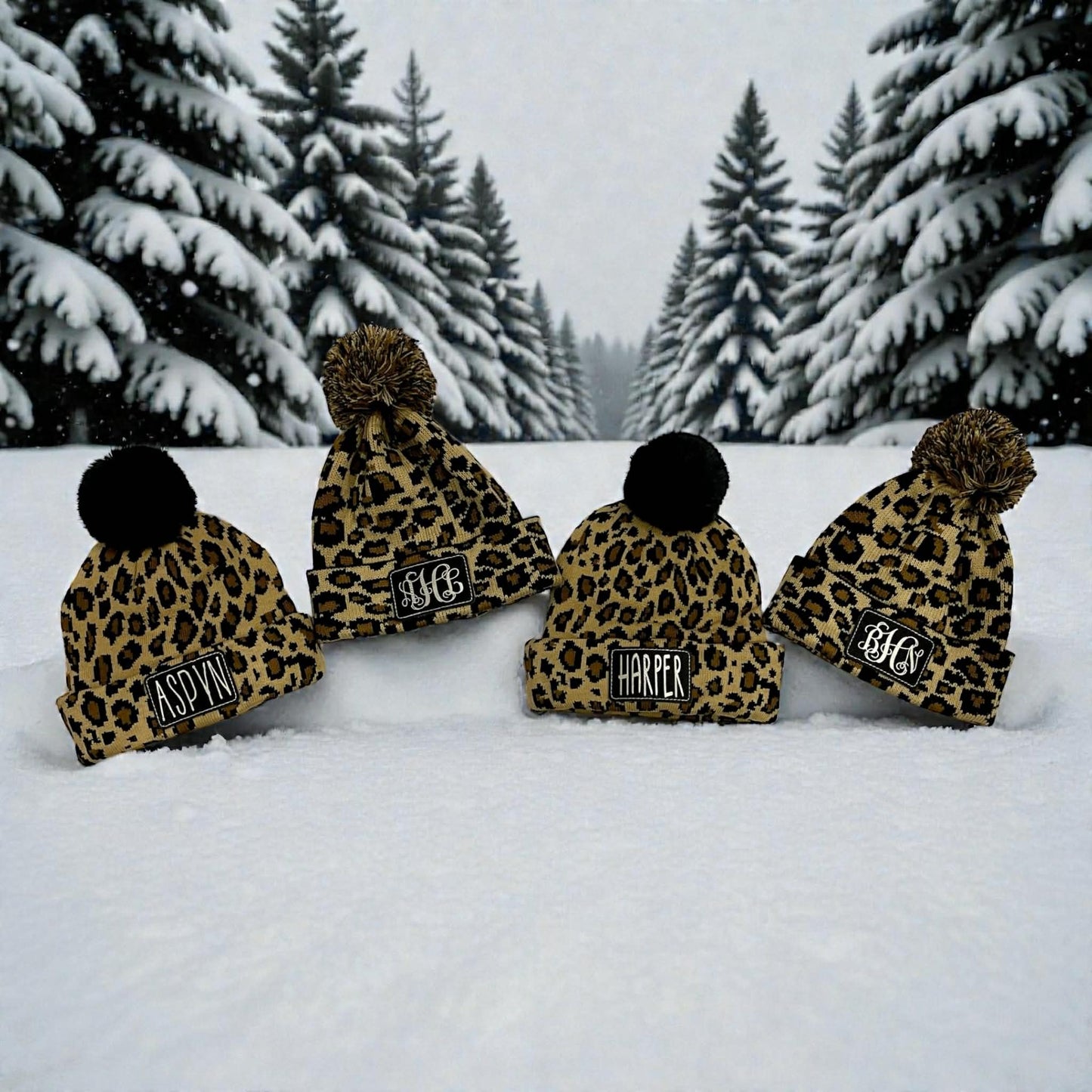 Youth Personalized Plush Knitted Leopard Print  Beanie Caps Pom Pom, with Engraved Leather Patch