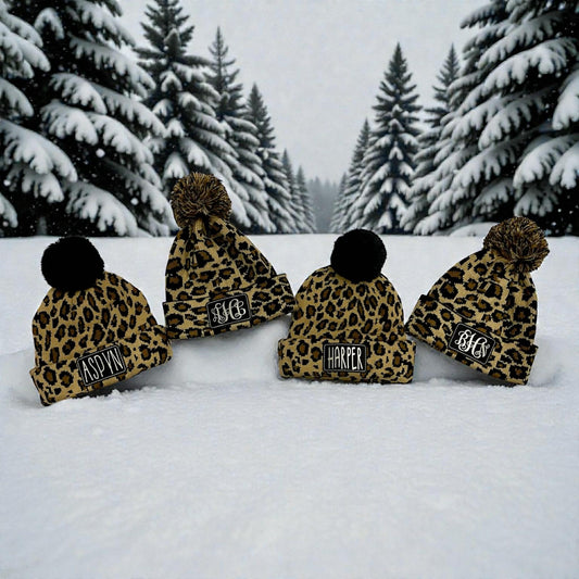 Youth Personalized Plush Knitted Leopard Print  Beanie Caps Pom Pom, with Engraved Leather Patch