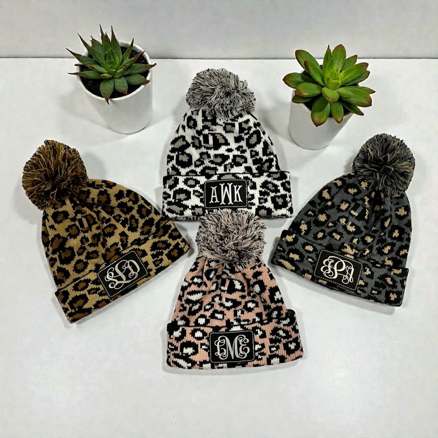 Youth Personalized Plush Knitted Leopard Print  Beanie Caps Pom Pom, with Engraved Leather Patch