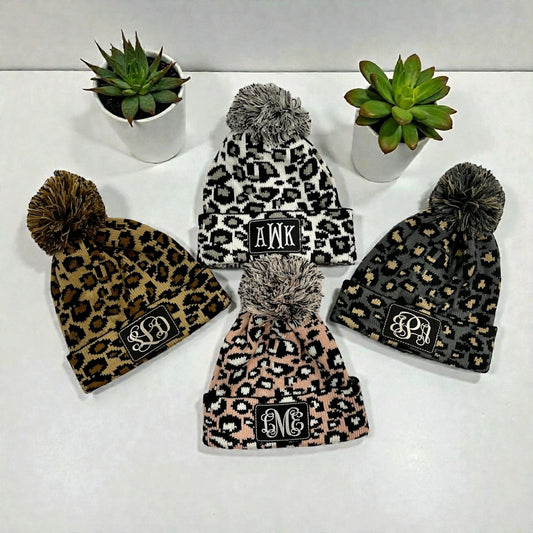 Adult Personalized Knitted Leopard PomPom Beanie Caps with Engraved Leather Patch