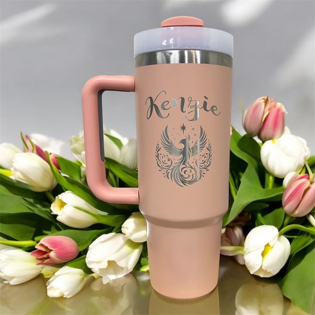 Personalized, Laser Engraved 40oz Stainless Steel Tumbler with Handle.