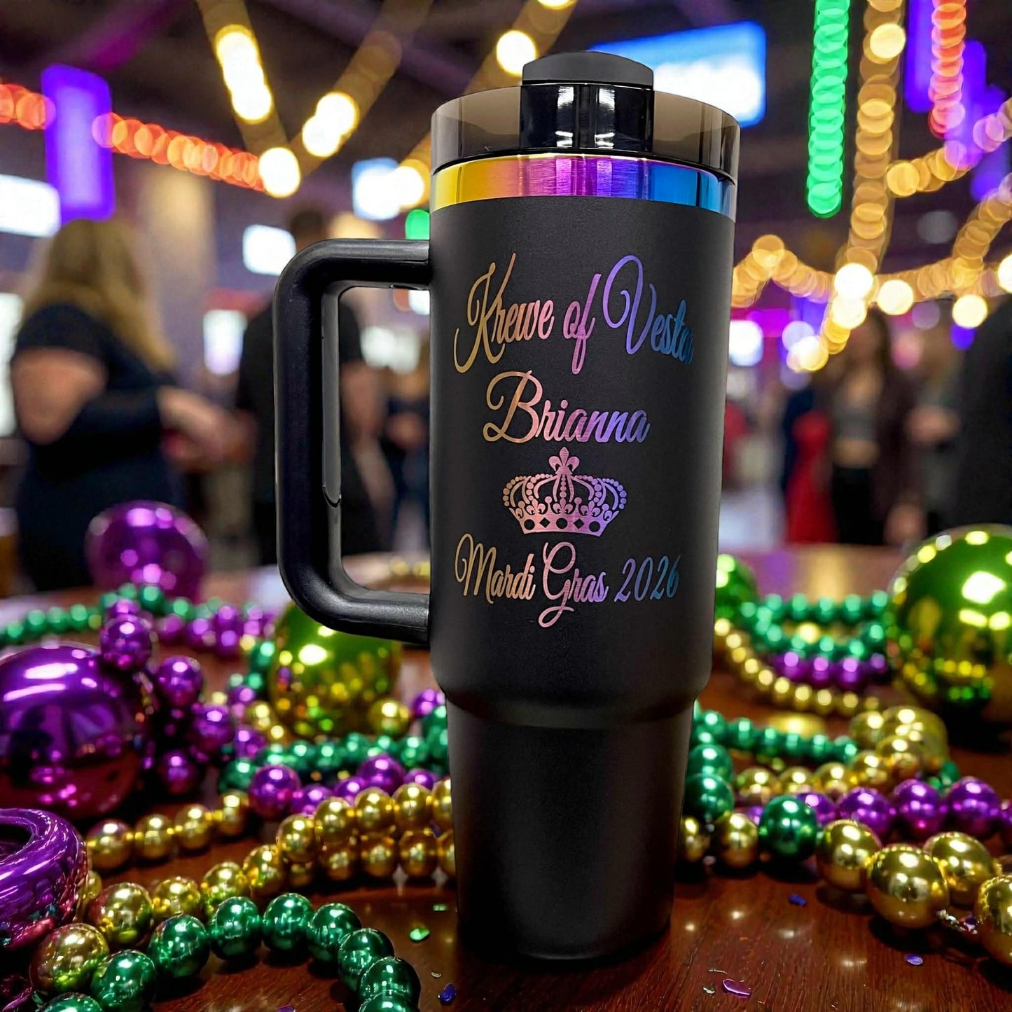 30oz Personalized Laser Engraved Stainless Steel Tumbler with Handle Rainbow Prism or Gold Plating