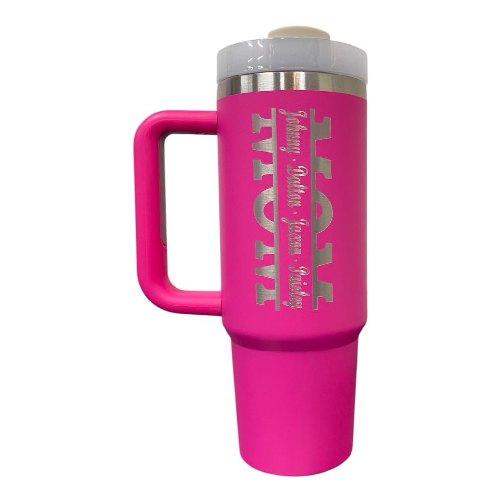 Personalized, Laser Engraved 40oz Stainless Steel Tumbler with Handle.