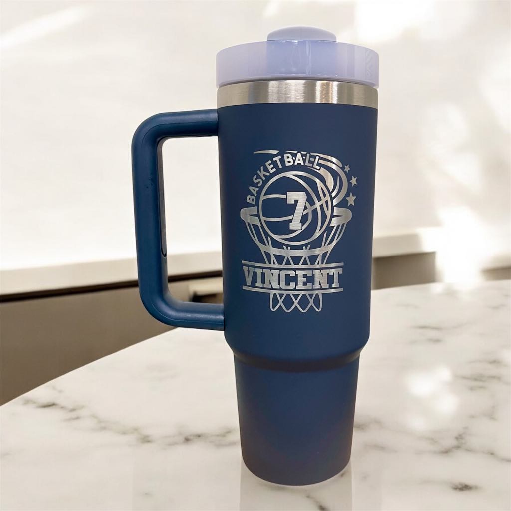 Personalized, Laser Engraved 40oz Stainless Steel Tumbler with Handle.