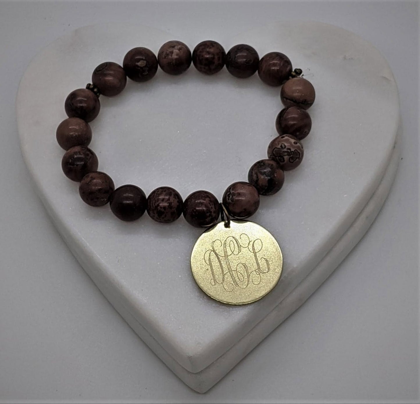 Stone Beaded  Bracelet with   Antique Gold Monogram Disc