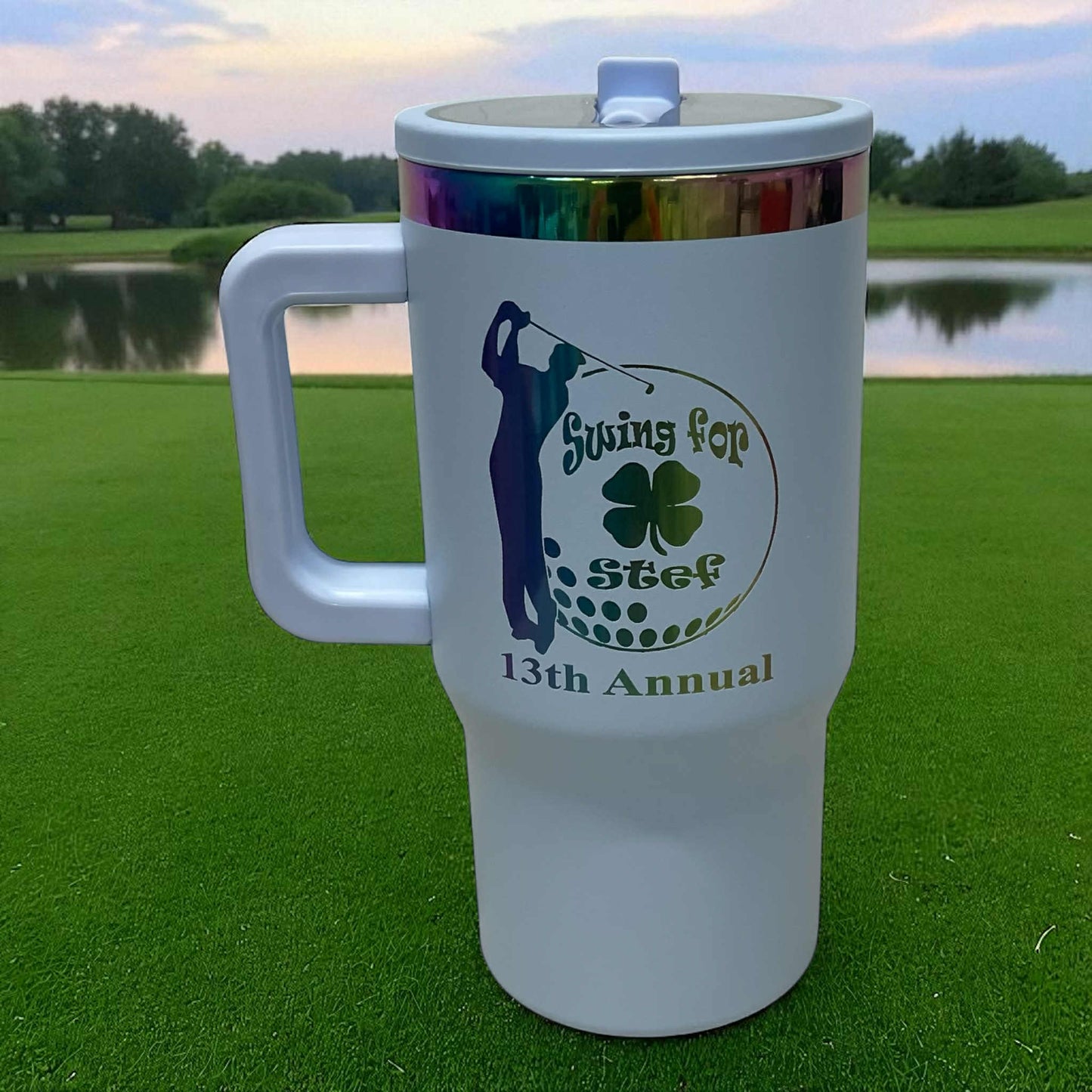 20oz Personalized Laser Engraved Rainbow Plated Stainless Steel Cup with Flip Straw and Handle
