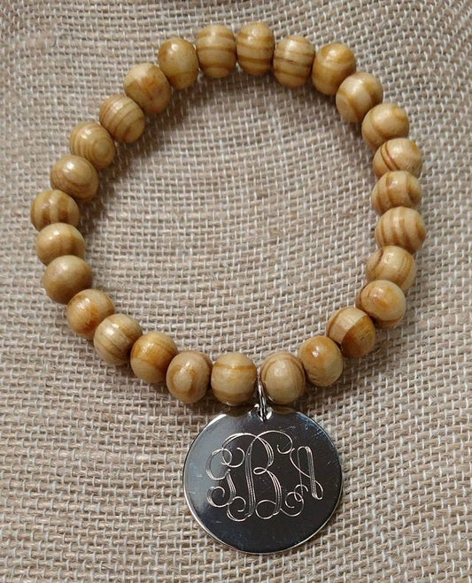 Personalized Wood Beaded Bracelet with  Engraved Disc
