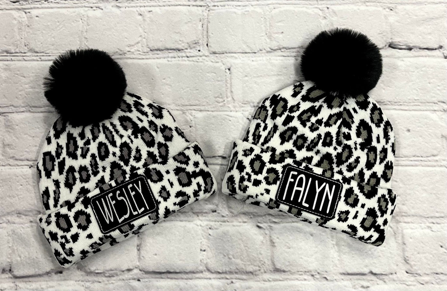 Youth Personalized Plush Knitted Leopard Print  Beanie Caps Pom Pom, with Engraved Leather Patch