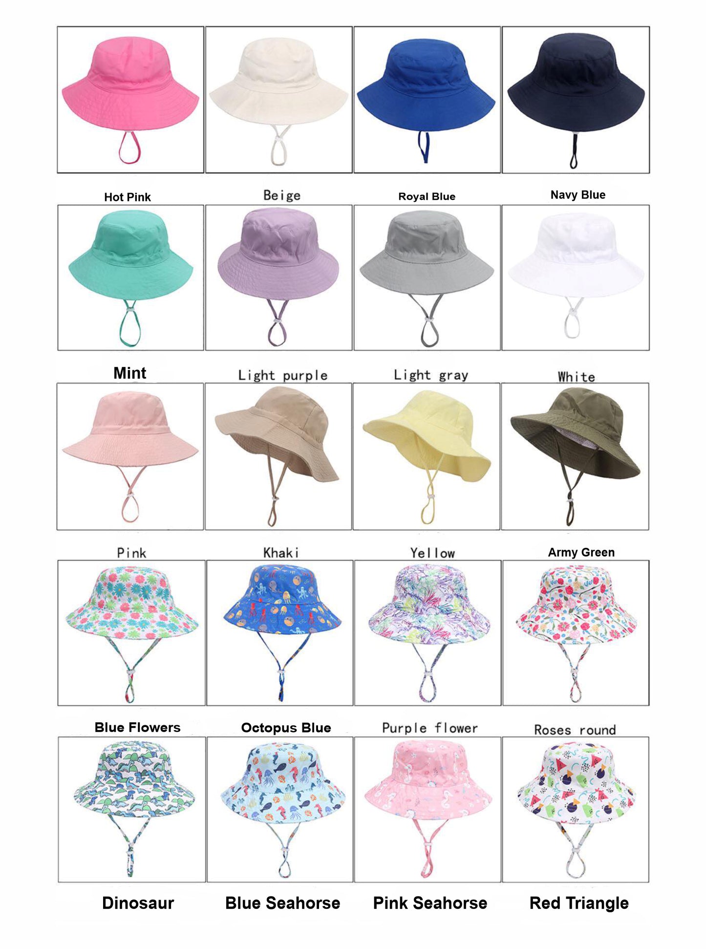 Baby, Toddler, Kids Size Adjustable Bucket Hats, Boys and Girls Personalized Sun Hats
