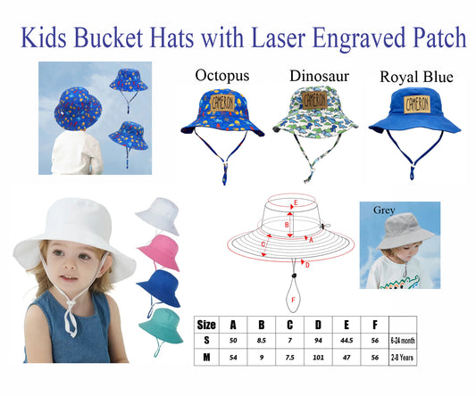 Baby, Toddler, Kids Size Adjustable Bucket Hats, Boys and Girls Personalized Sun Hats
