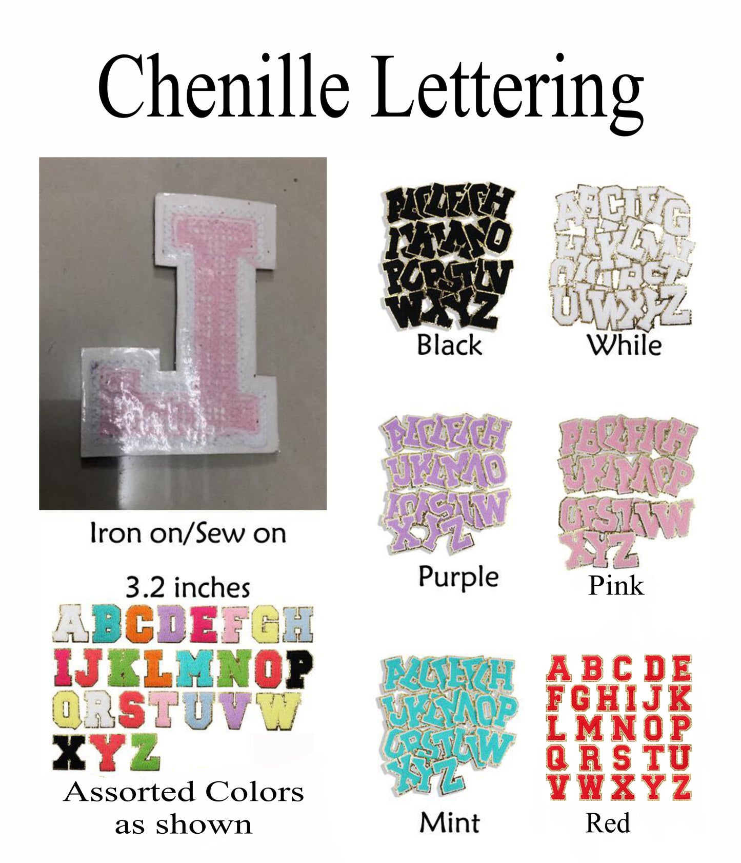 Chenille Letters 3.2  inch Red, Black, White, Lime