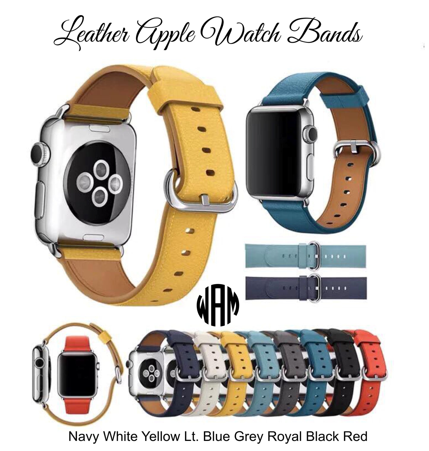 Monogram Leather Personalized Apple Watch Bands  (Laser engraving included)