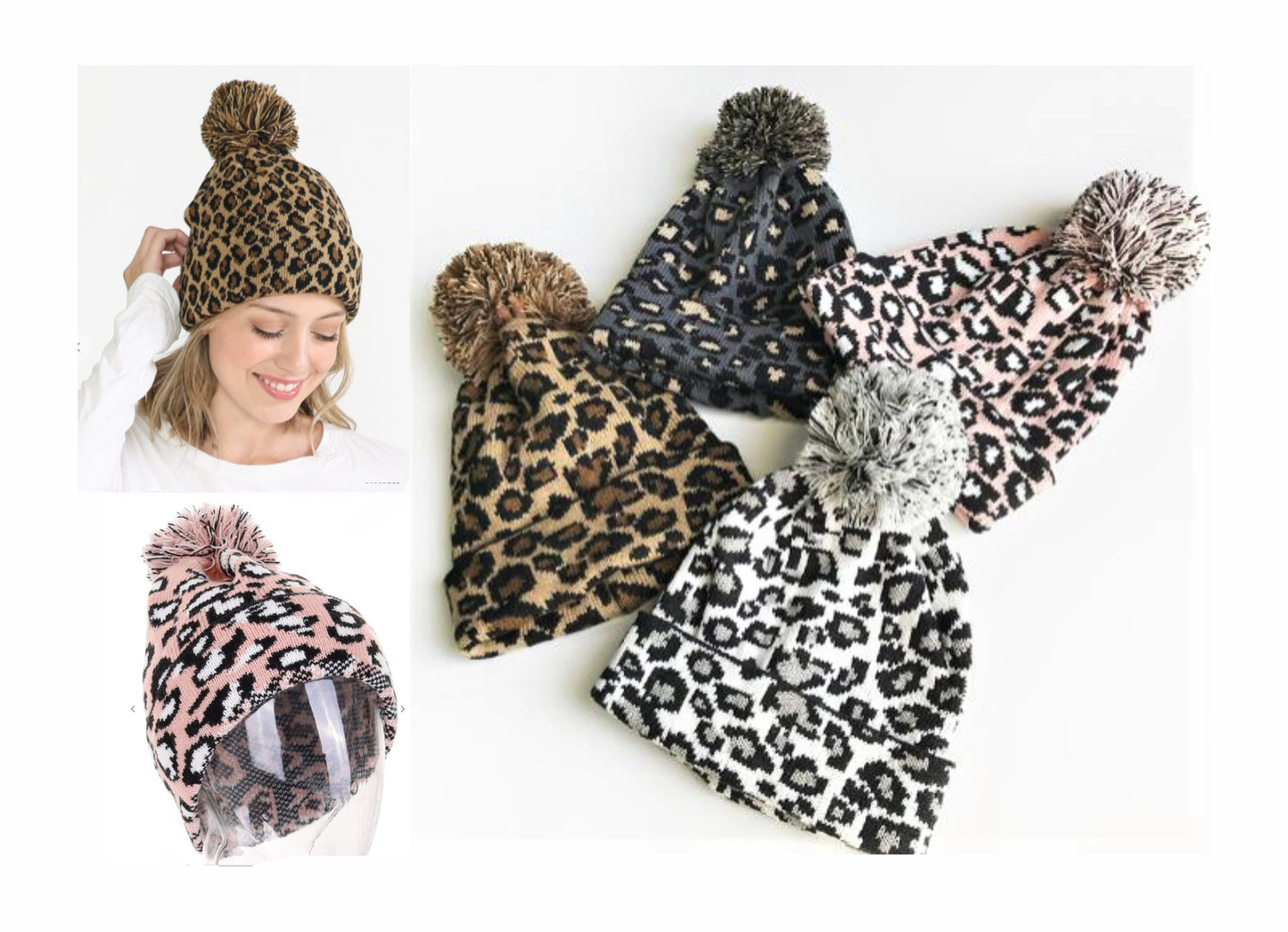 Adult Personalized Knitted Leopard PomPom Beanie Caps with Engraved Leather Patch