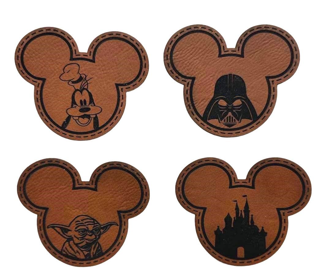 Laser Engraved Mickey with Designs, Heat Press Leatherette Patches for Hats, Yoda, Goofy, Darth Vader, Castle