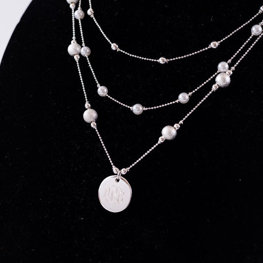 Silver  Triple Strand Pearl  Monogram Necklace