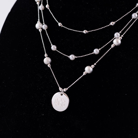 Silver Triple Strand Pearl Monogram Necklace