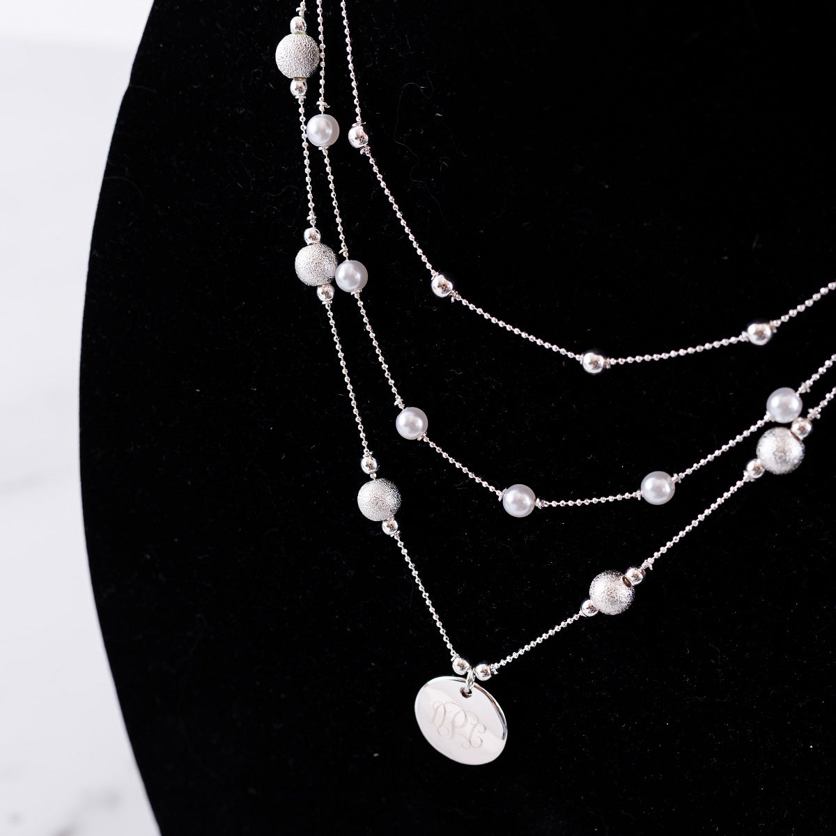 Silver  Triple Strand Pearl  Monogram Necklace