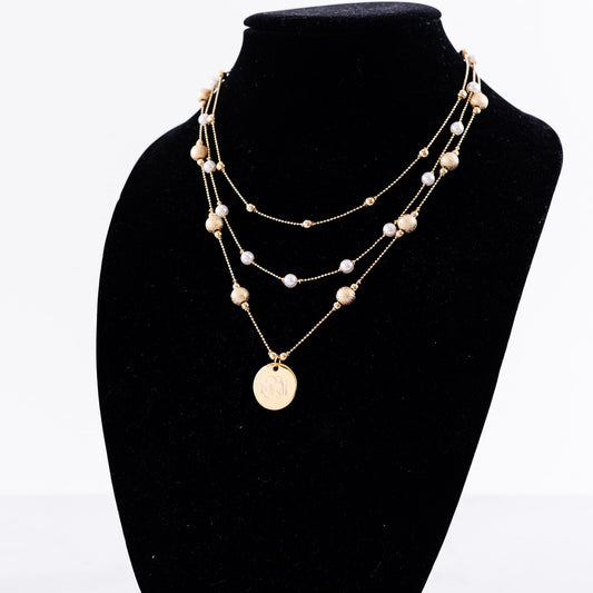 Gold Triple Strand Pearl  Monogram Necklace