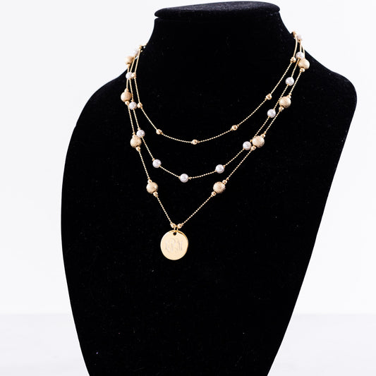 Gold Triple Strand Pearl Monogram Necklace