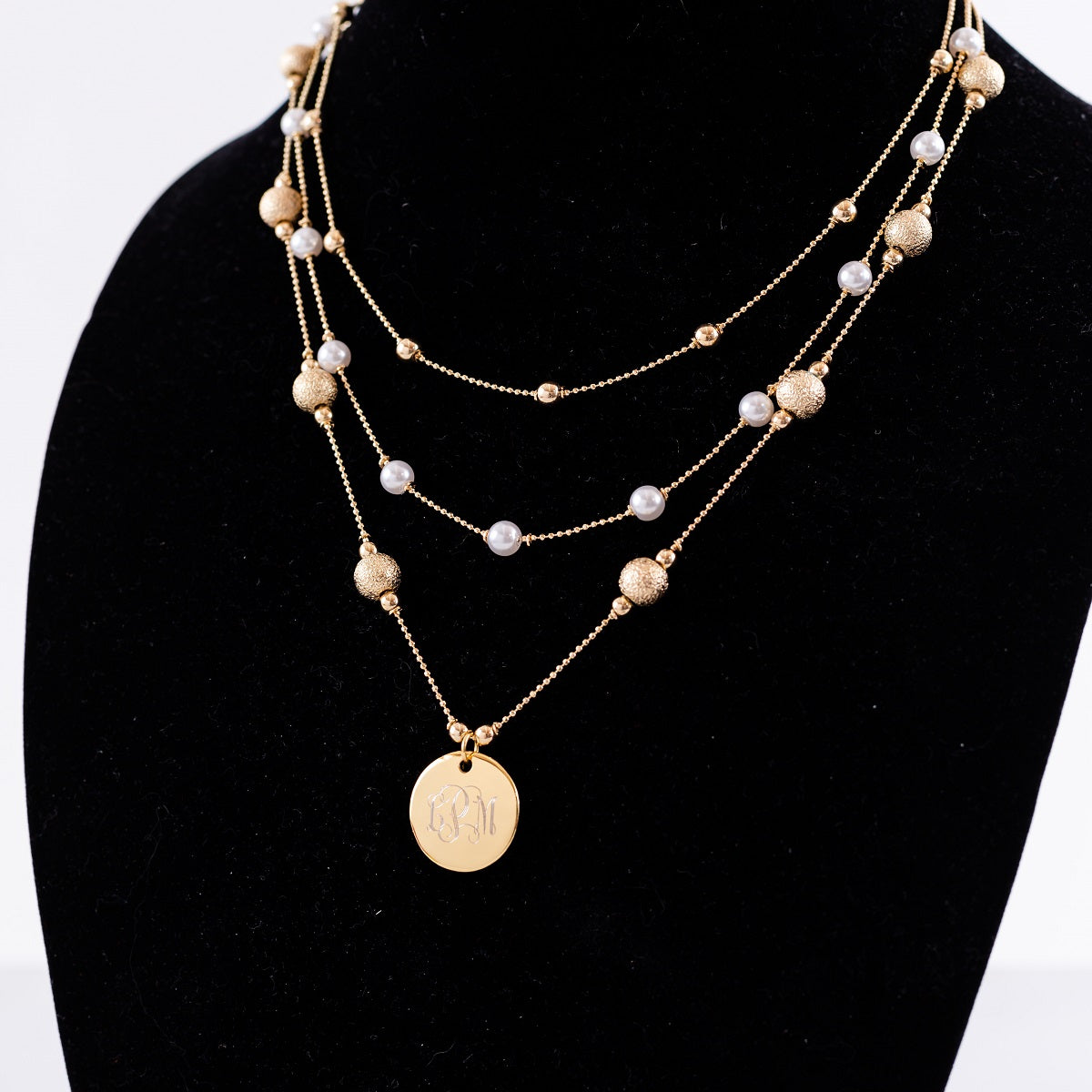 Gold Triple Strand Pearl  Monogram Necklace
