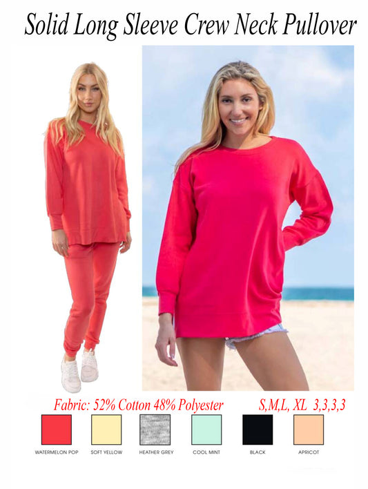 Solid Crew Neck Sweatshirt Pullover with Split Sides