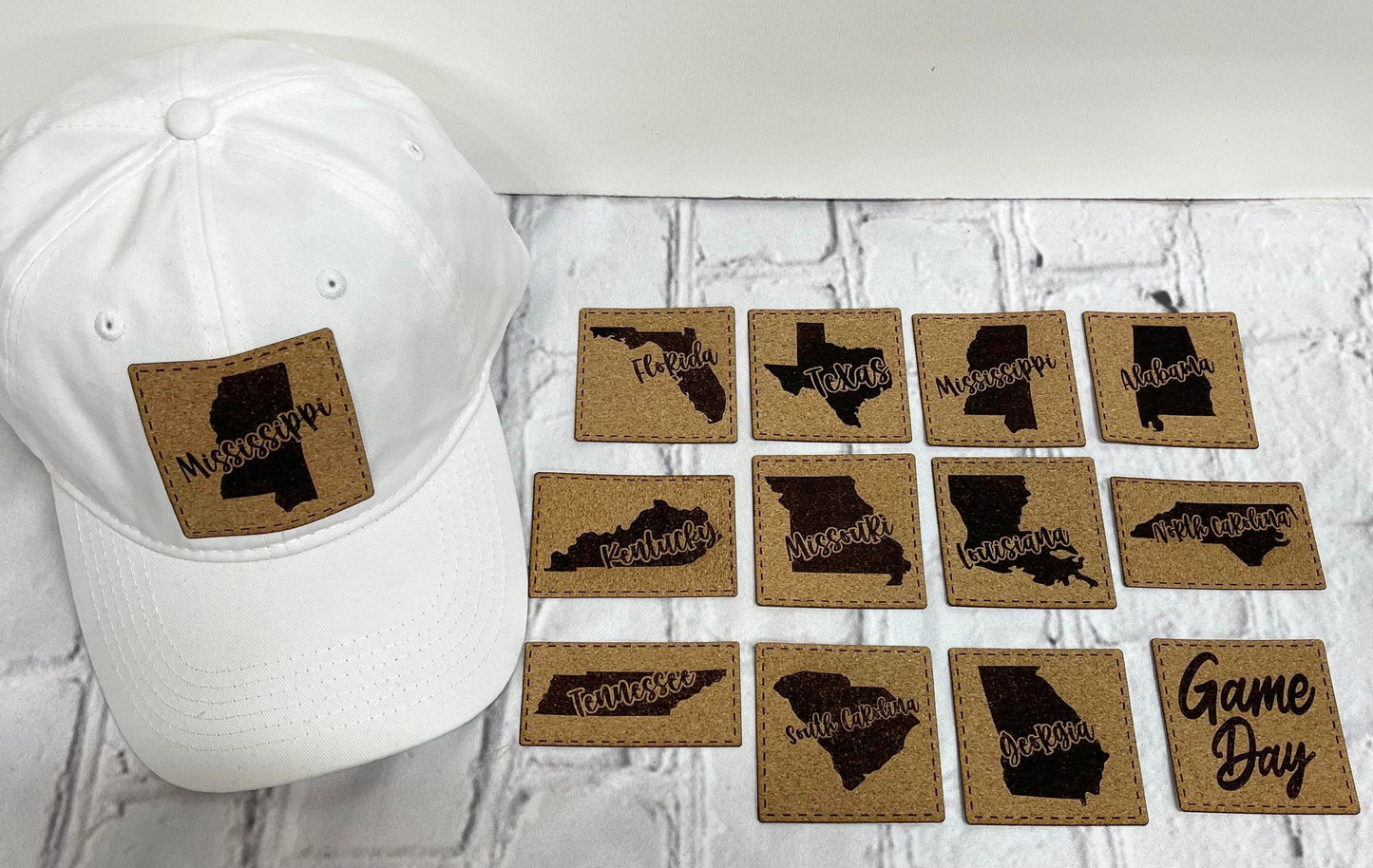 Laser cut Name, State, Mascot Heat Press Patches for Hats