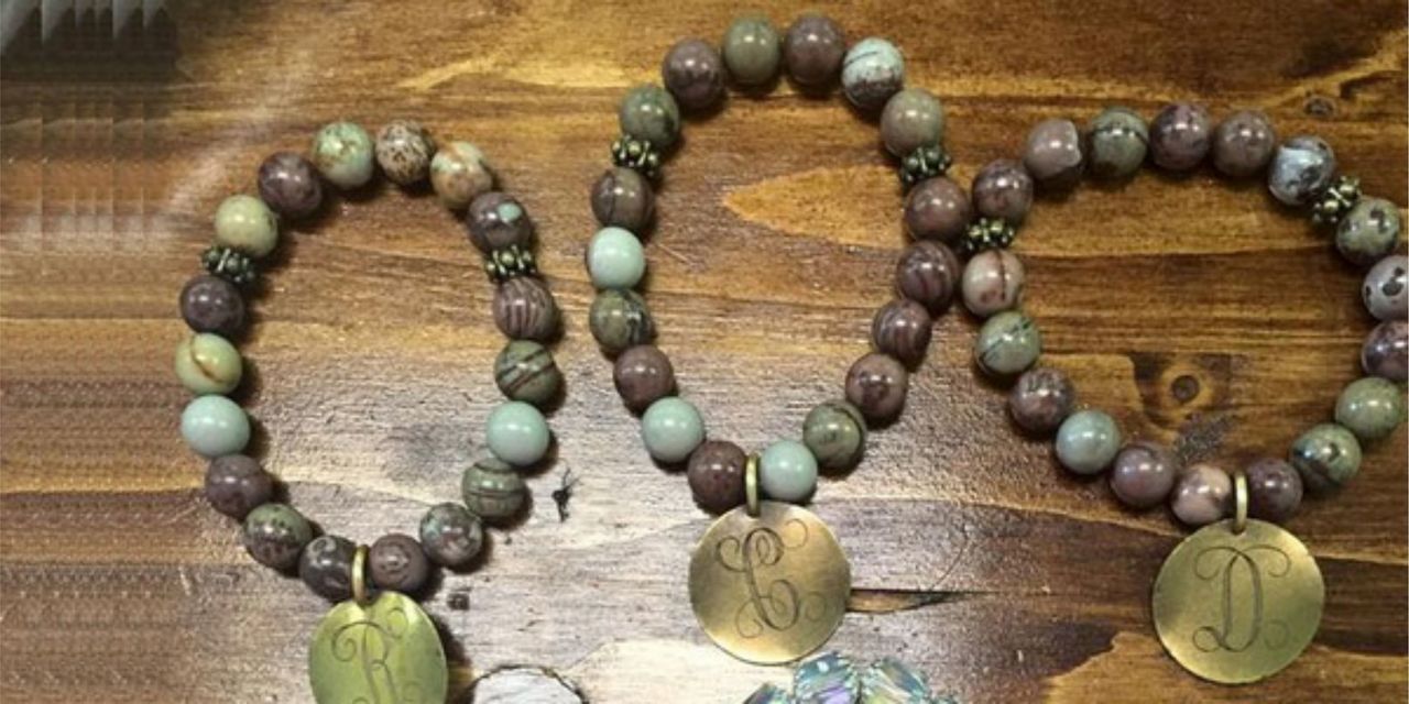Stone Beaded  Bracelet with   Antique Gold Monogram Disc