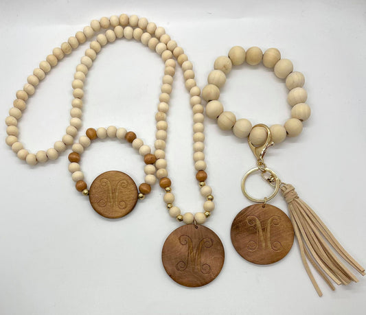 Monogram Long  Beaded Lily Necklaces with Wood Disc