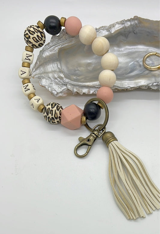Mama Beaded Stretch Keychain Bracelet with Tassel
