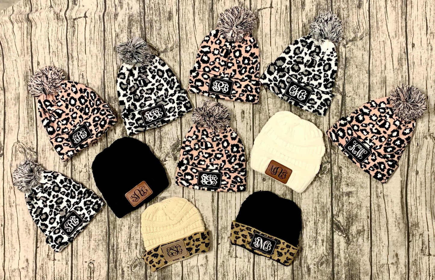 Adult Personalized Knitted Leopard PomPom Beanie Caps with Engraved Leather Patch