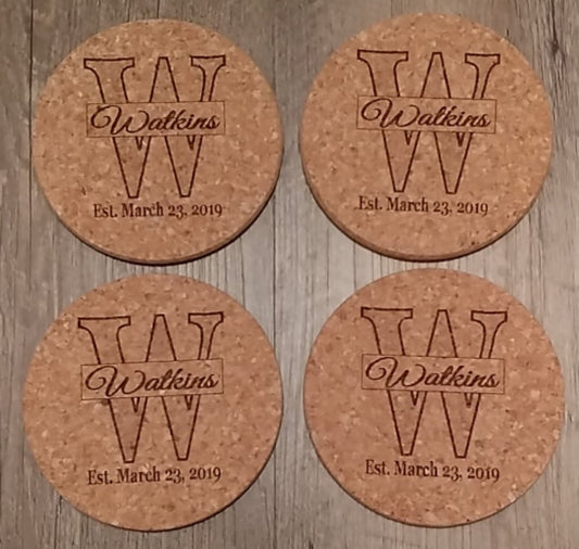 Laser Engraved Cork Coaster Set of 4  (includes basic engraving)