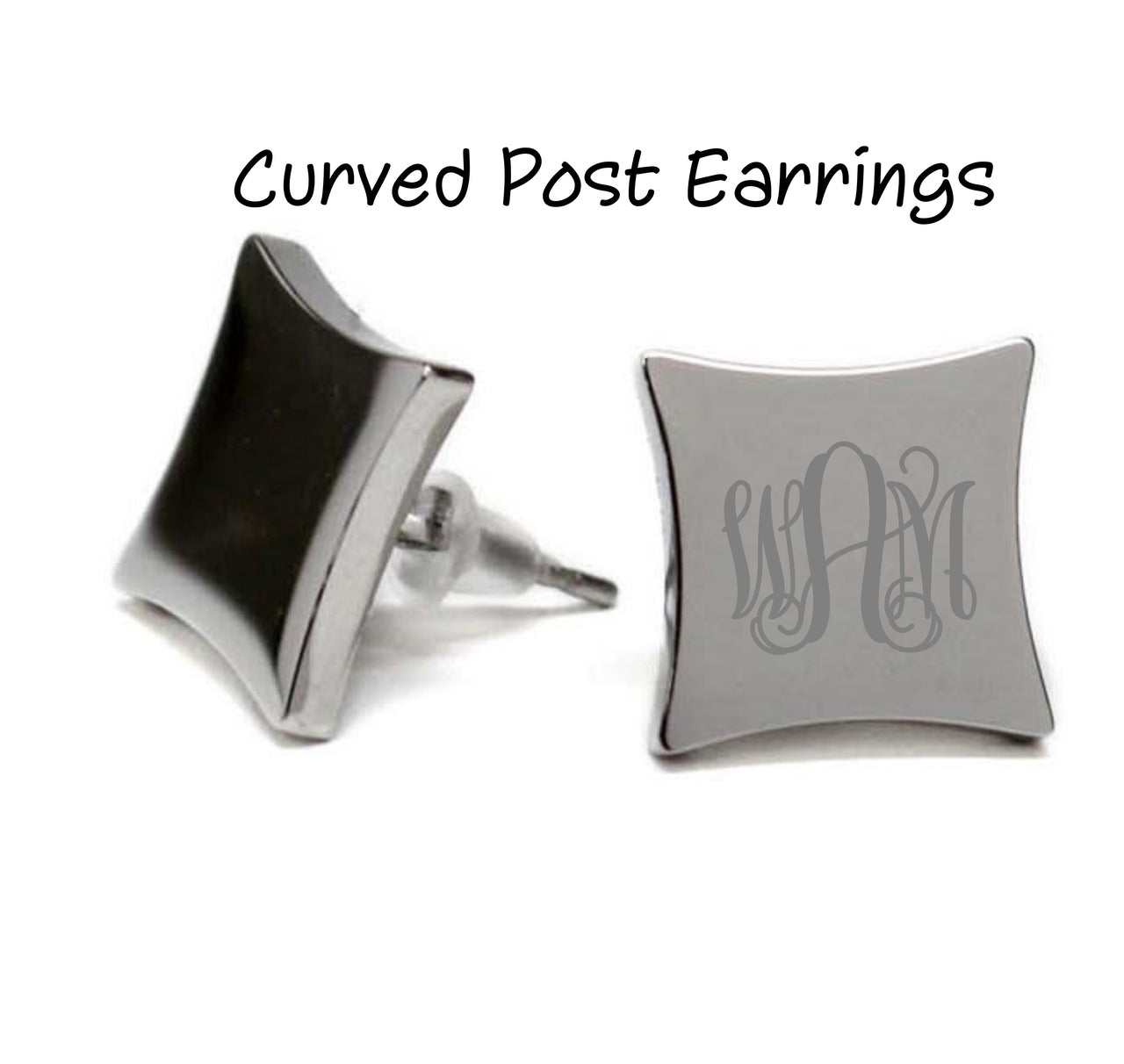 Silver Plated Alloy Curved Square Earrings (see description for engraving fonts)