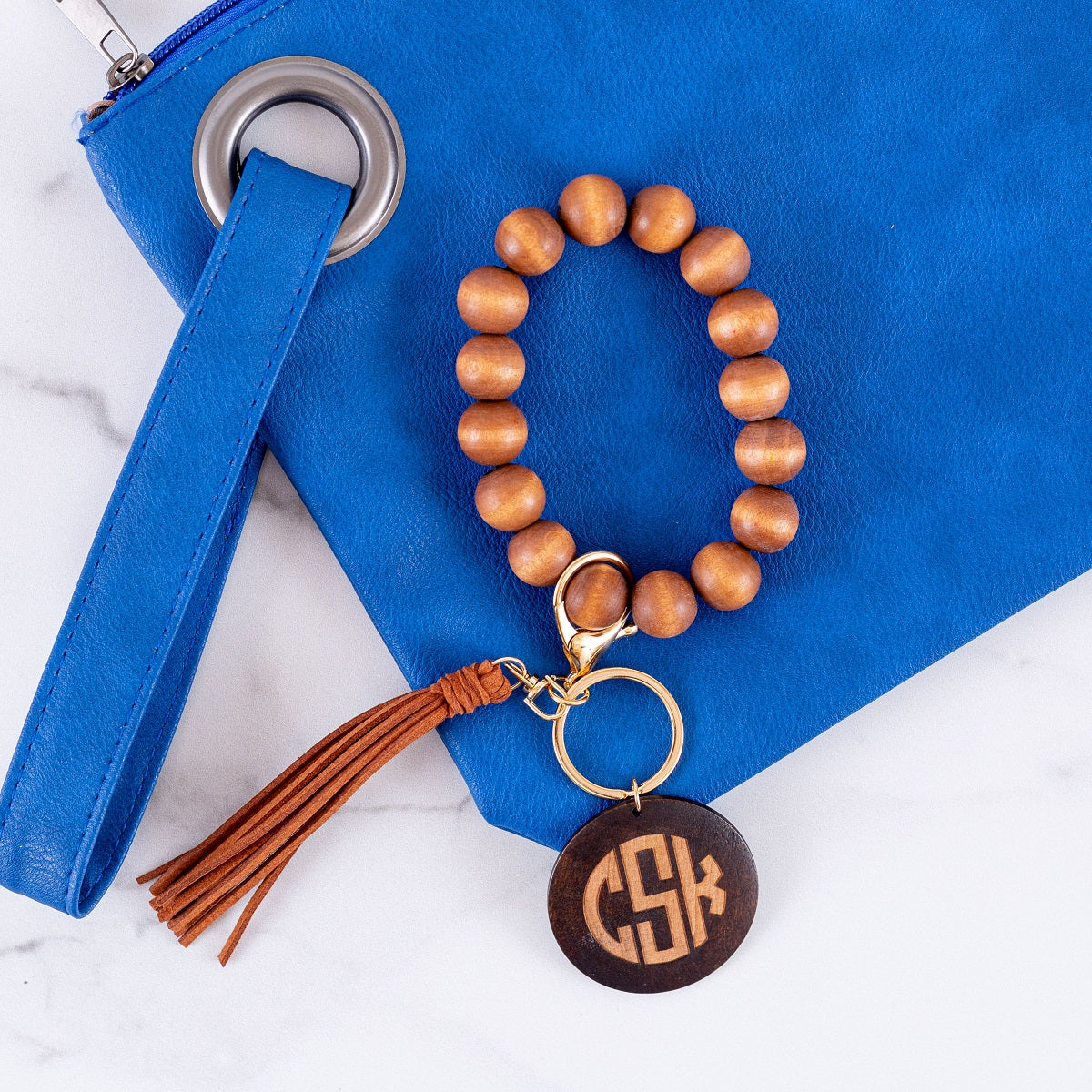 Personalized Wood Beaded Stretch Bangle Key Chains