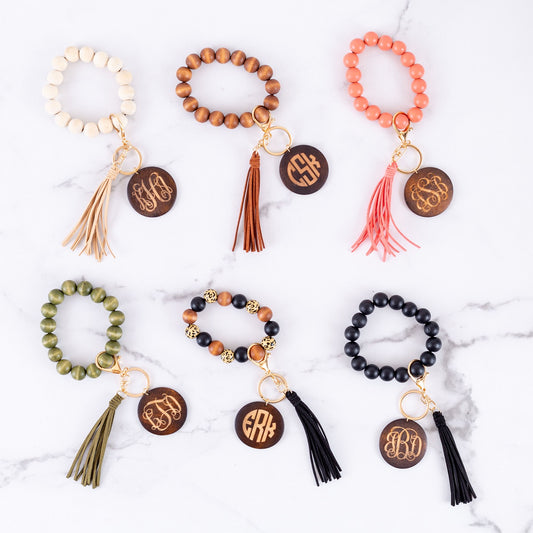 Personalized Wood Beaded Stretch Bangle Key Chains