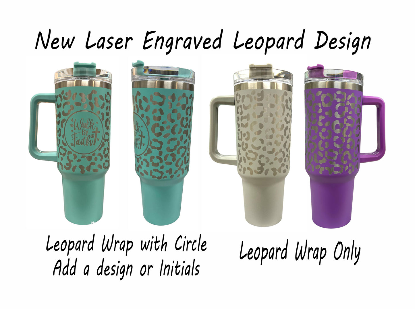 40 oz Tumbler with Handle - Laser Engraved Leopard Print Design