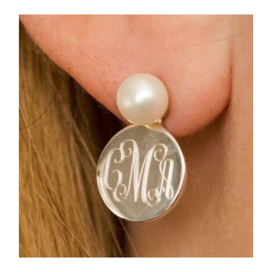 Pearl Stud Earring with Monogram disc (initials only see description)